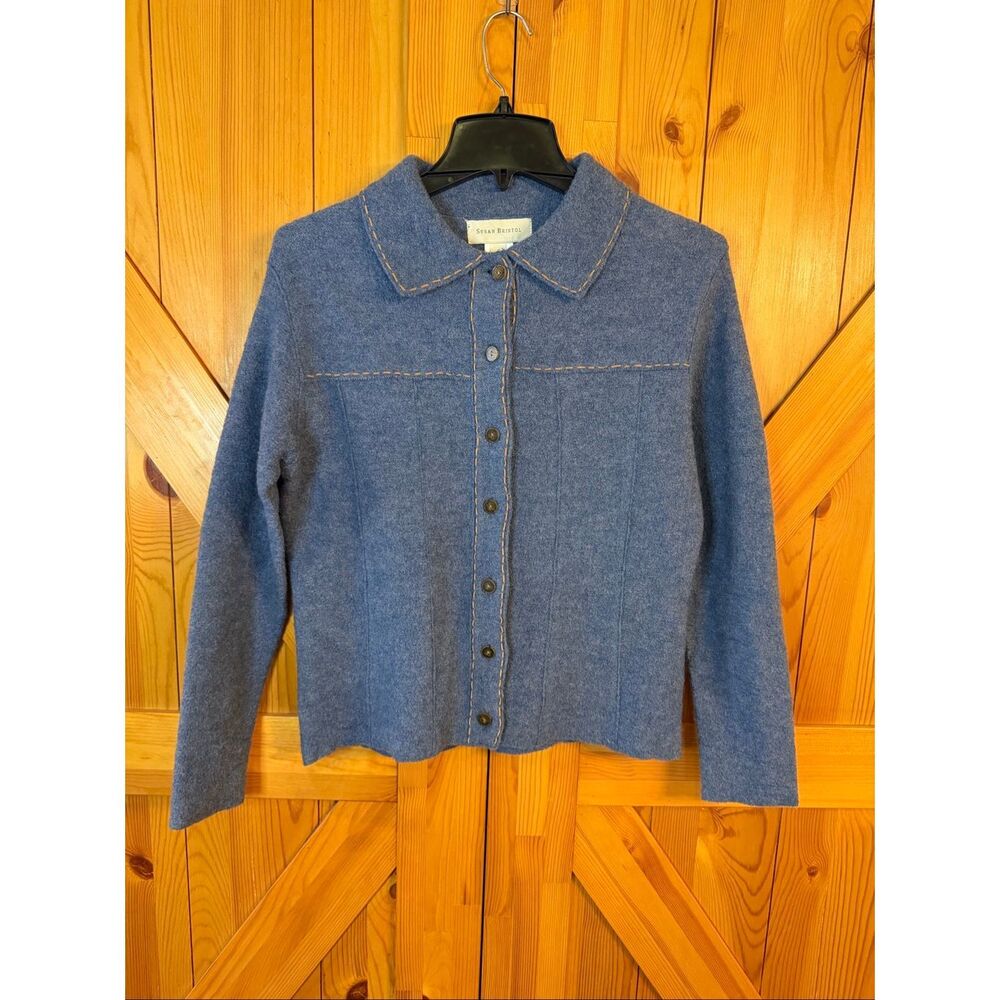 Vintage Susan Bristol blue boiled wool cardigan tan contrast stitching Size Smal
